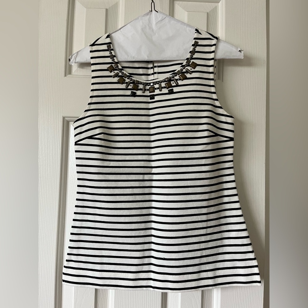 Striped Black and White Sleeveless Top with embellishment at neckline